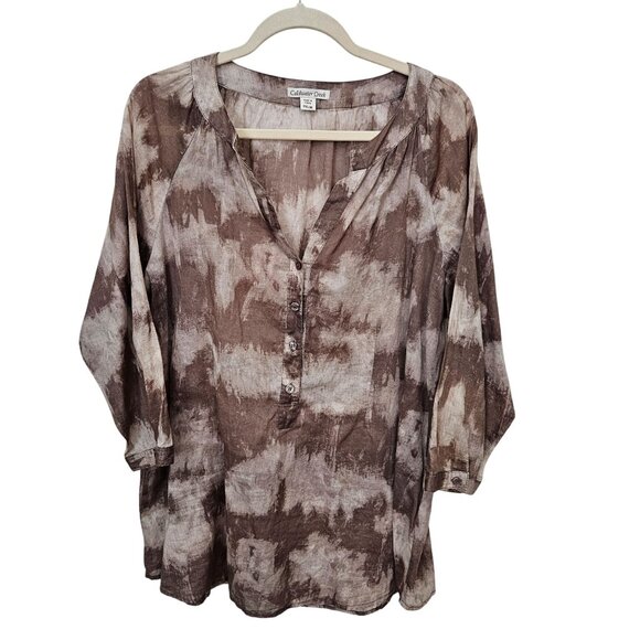 Coldwater Creek 100% Cotton Brown Tie Dye Popover Tunic Blouse Size PXL - Picture 1 of 7